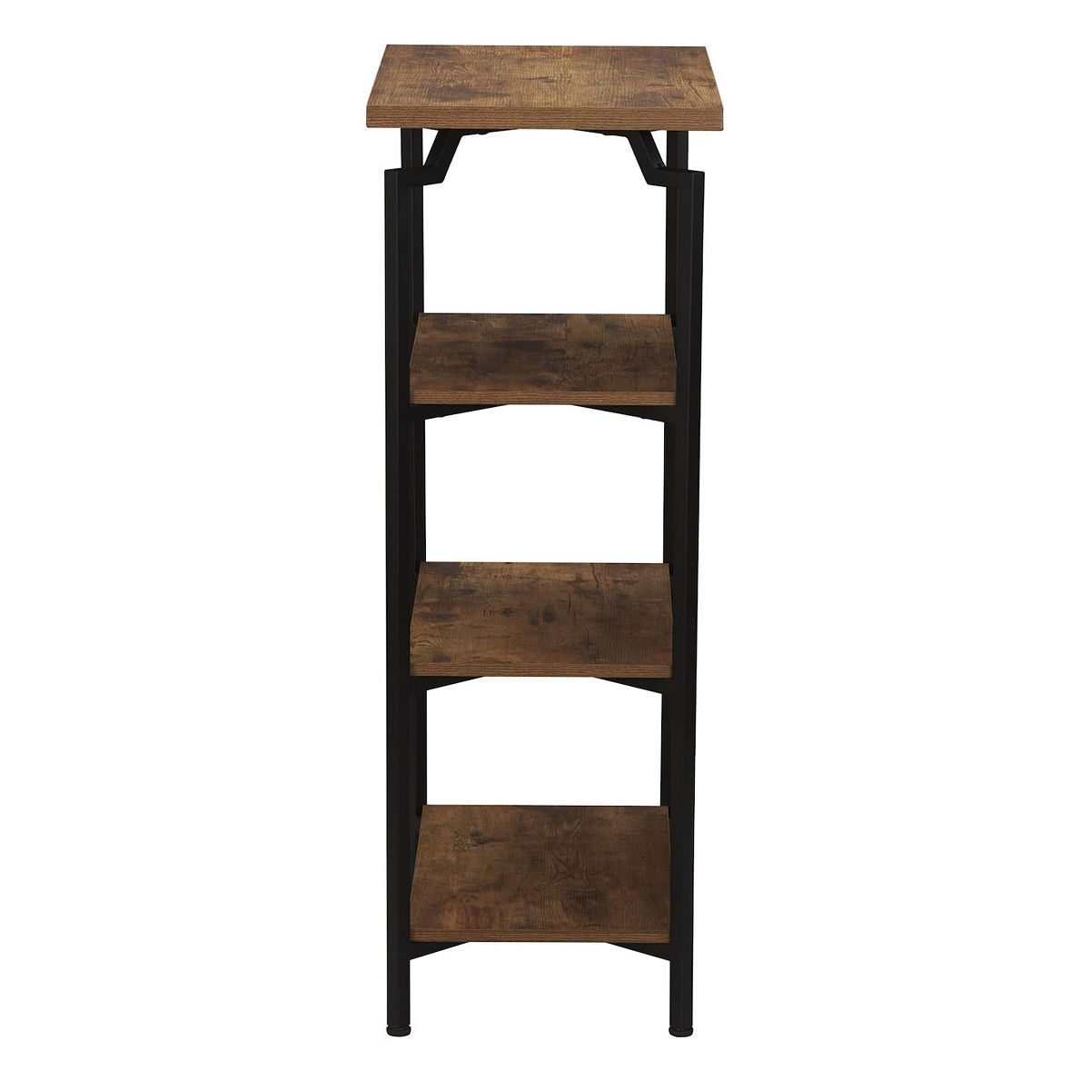 Side view of 3-shelf mid-century modern bookcase with black frame and walnut-brown shelves