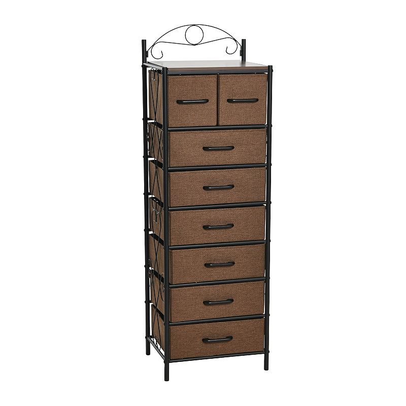 Household Essentials Victoria Dresser Tower Storage Organizer with 8 Brown Drawers Black Metal Frame and Mid Century Walnut Wood Grain Top