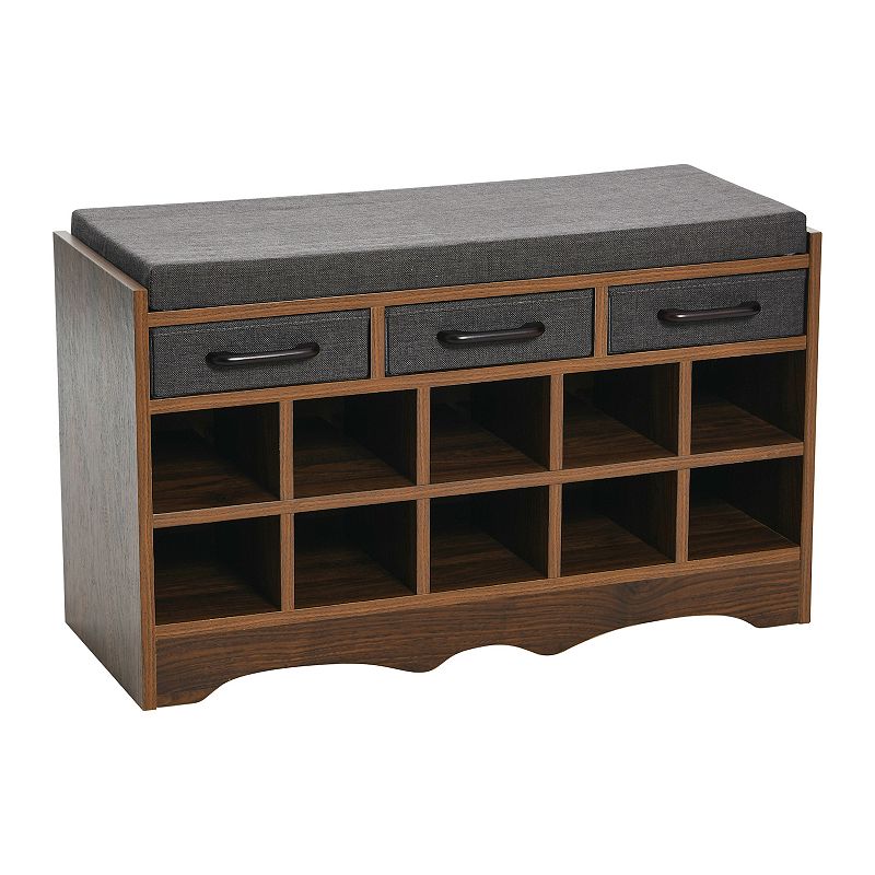 Household Essentials 10-Cubbie & 3-Drawer Shoe Bench, Brown