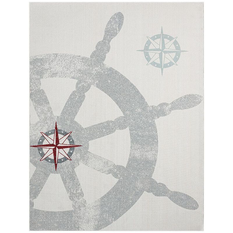 Home Dynamix Marine Helm Coastal Ship Wheel Indoor Outdoor Area Rug, White, 8X10 Ft