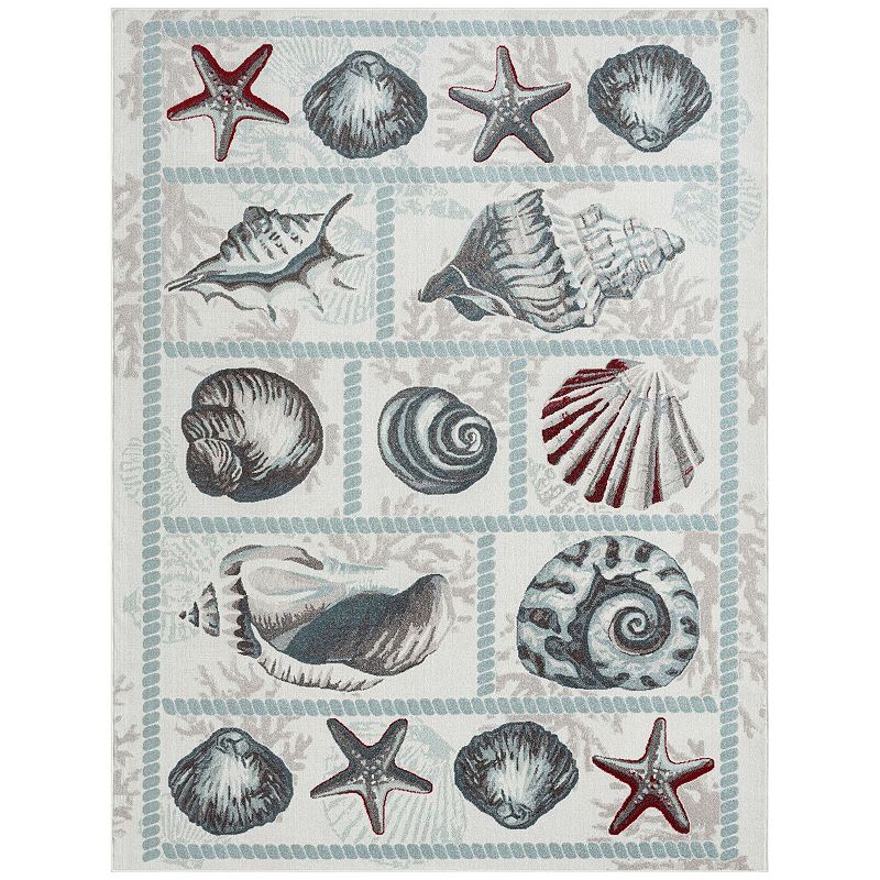 Home Dynamix Marine Sea Shells Coastal Starfish Indoor Outdoor Area Rug, White, 8X10 Ft