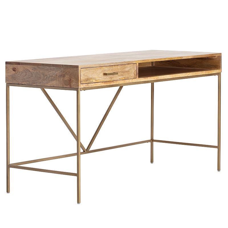 Madeleine Home Natural Mango Wood Bilbao Work Desk with Drawer, Gold Brushed Iron Handle and Open Leg Base. W 56" / D 31" / H 22"