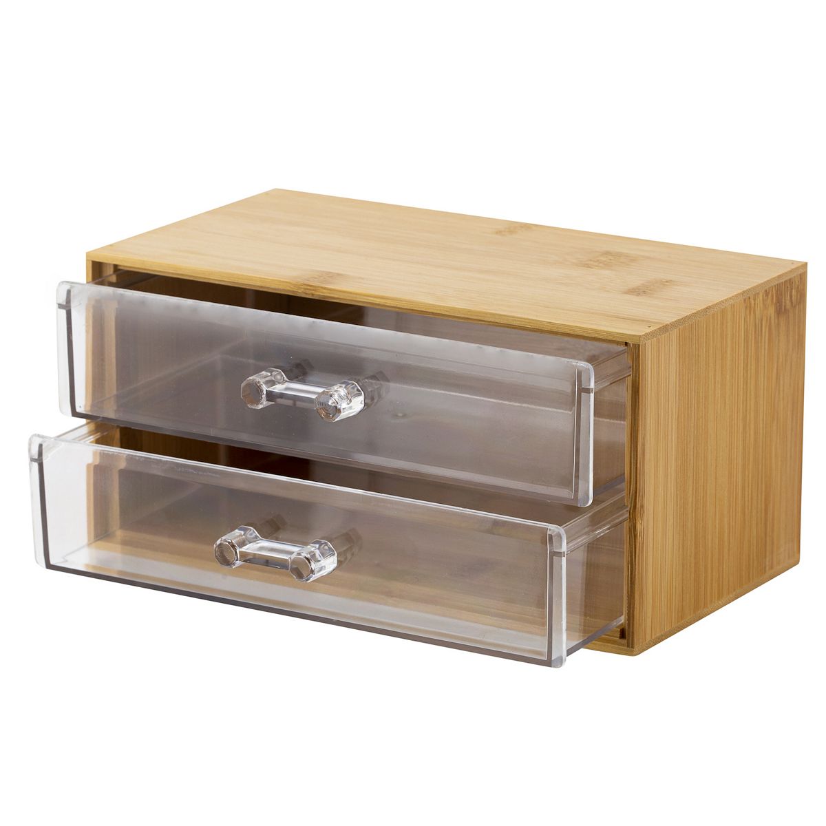 2-tier cosmetic and jewelry chest showing two clear front drawers and bamboo frame