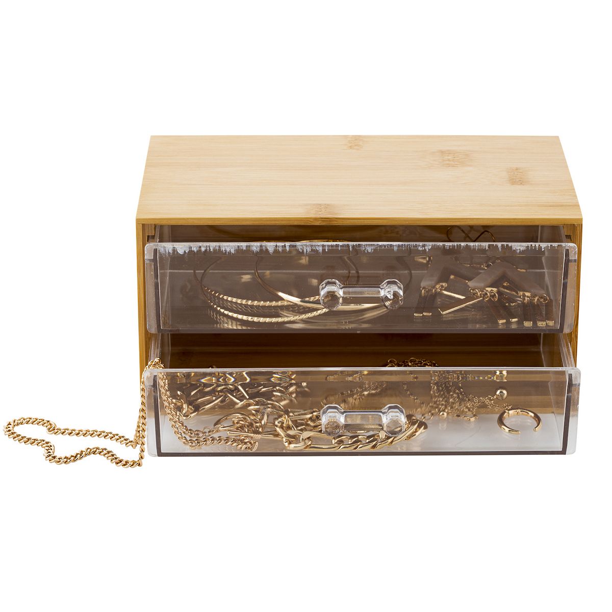 2-tier cosmetic and jewelry chest with chains and jewelry stored in open clear drawers