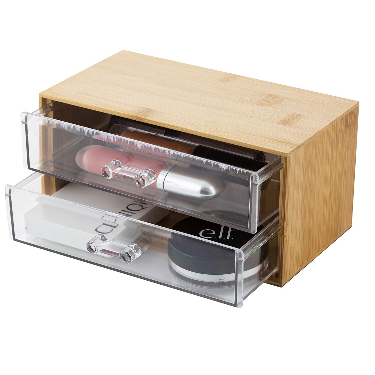 2-tier cosmetic and jewelry chest with top and bottom drawers open
