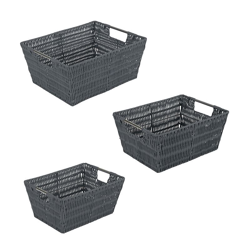 Simplify 3 Pack Set Rattan Tote Baskets, Grey