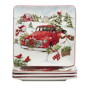 Certified International Red Truck Snowman 4 pc Dinner Plate Set