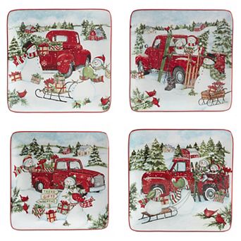 Certified International Red Truck Snowman 4 pc Dessert Plate Set