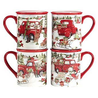 Certified International Red Truck Snowman 4 pc Mug Set