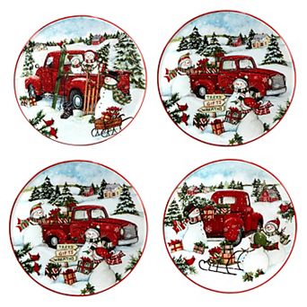 Certified International Red Truck Snowman 4 pc Canape Plate Set