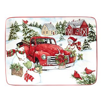 Certified International Red Truck Snowman Rectangle Serving Platter