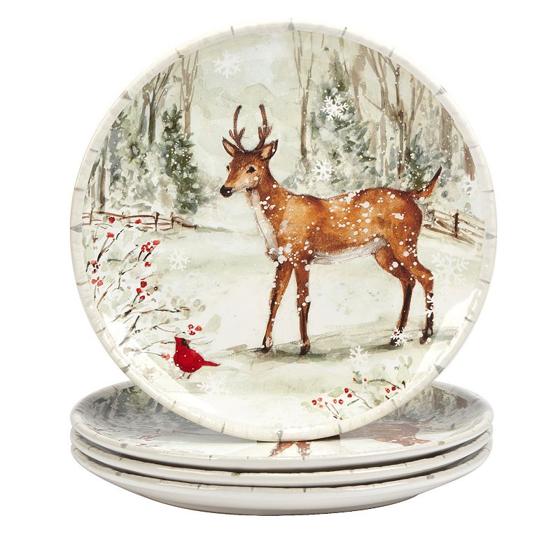 Certified International Set of 4 Winter Reindeer Christmas Dinner Plates 11.25