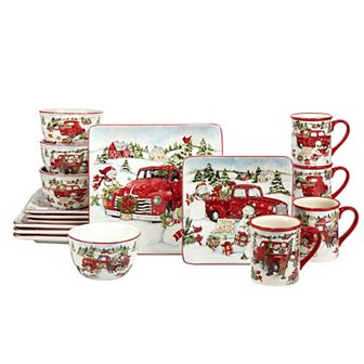 Certified International Red Truck Snowman 16 pc Dinnerware Set