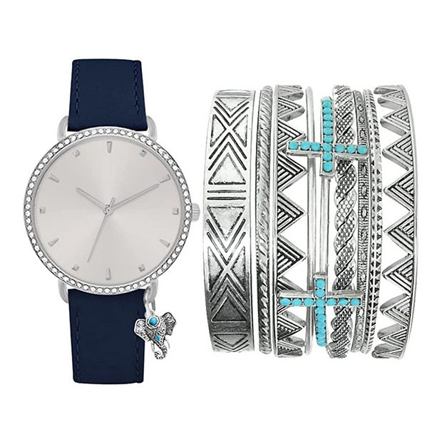 Jessica Carlyle Women s Elephant Charm Crystal Watch Silver Tone Bracelet Set