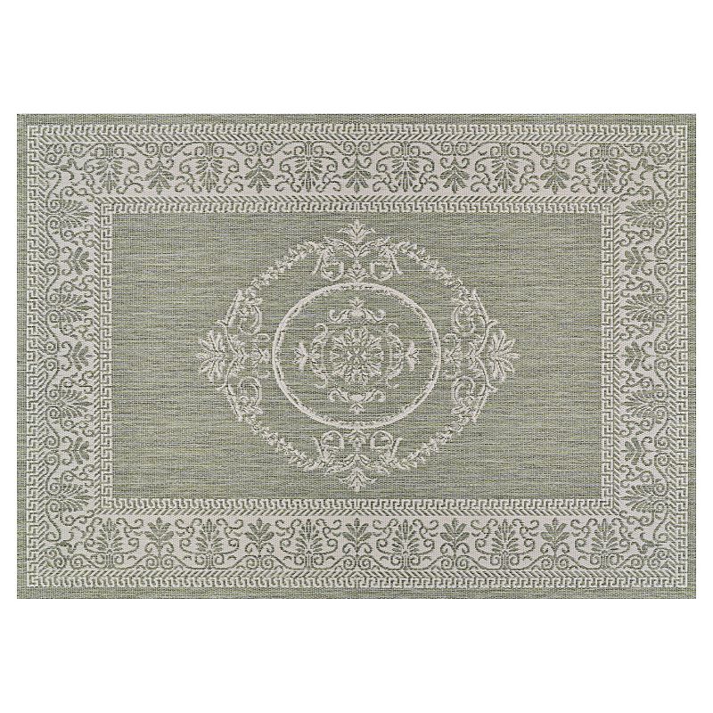 Couristan Recife Antique Medallion Sage Leaf-Ivory Indoor Outdoor Area Rug, Green, 7.5Ft Rnd