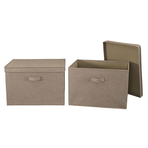 Household Essentials Set of 2 Wide Storage Boxes with Lids Latte Linen: Stackable Decorative Polyester Rectangle, 18.5&#34;x15&#34;x12&#34;