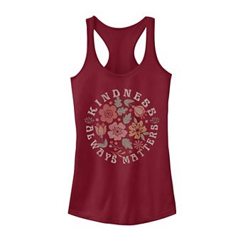 Juniors' Kindness Always Matters Floral 70's Text Circle Racerback Tank Top