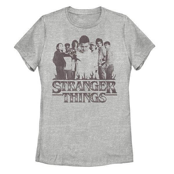 Juniors' Stranger Things Fire Logo Main Characters Graphic Tee