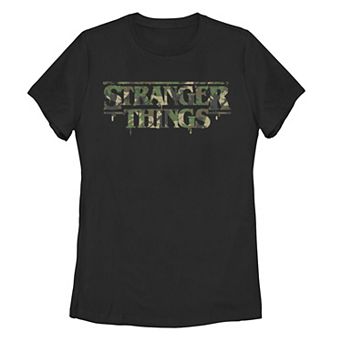 Juniors' Stranger Things Camo Logo Graphic Tee