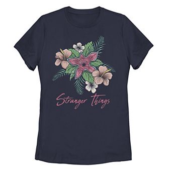 Juniors' Stranger Things Pink Flowers Graphic Tee