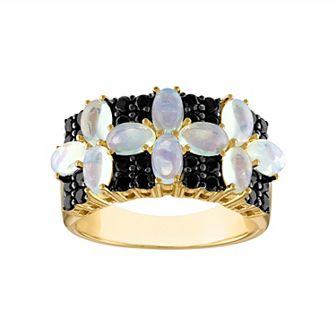Tiara 14k Gold Over Silver White Opal & Black Spinel Ring