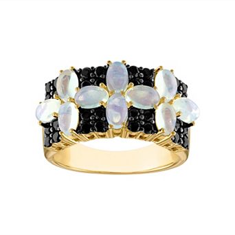 Tiara 14k Gold Over Silver White Opal & Black Spinel Ring