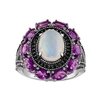 Tiara Sterling Silver White Opal Amethyst & Black Spinel Ring
