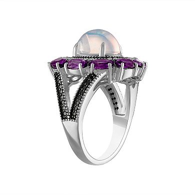 Tiara Sterling Silver White Opal Amethyst & Black Spinel Ring