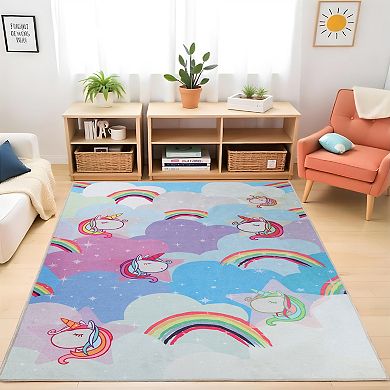 Superior Rainbow Unicorn Bright Colorful Patterned Non-Slip Area Rug