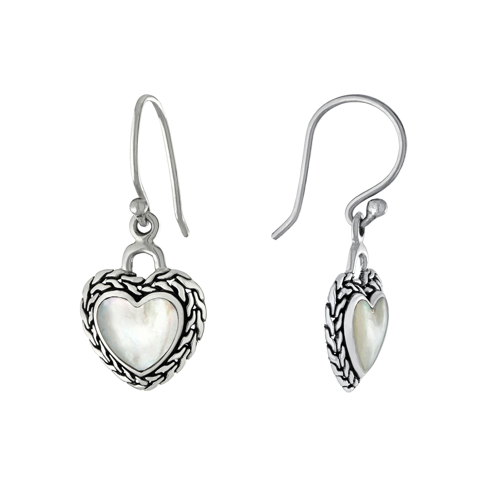 Main and Sterling Oxidized Sterling Silver Mother Of Pearl Heart Drop Earri