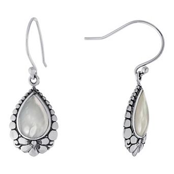 Main and Sterling Oxidized Sterling Silver Mother Of Pearl Flower Teardrop Earrings