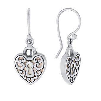 Main and Sterling Oxidized Sterling Silver Mother Of Pearl Heart Lock Drop Earrings