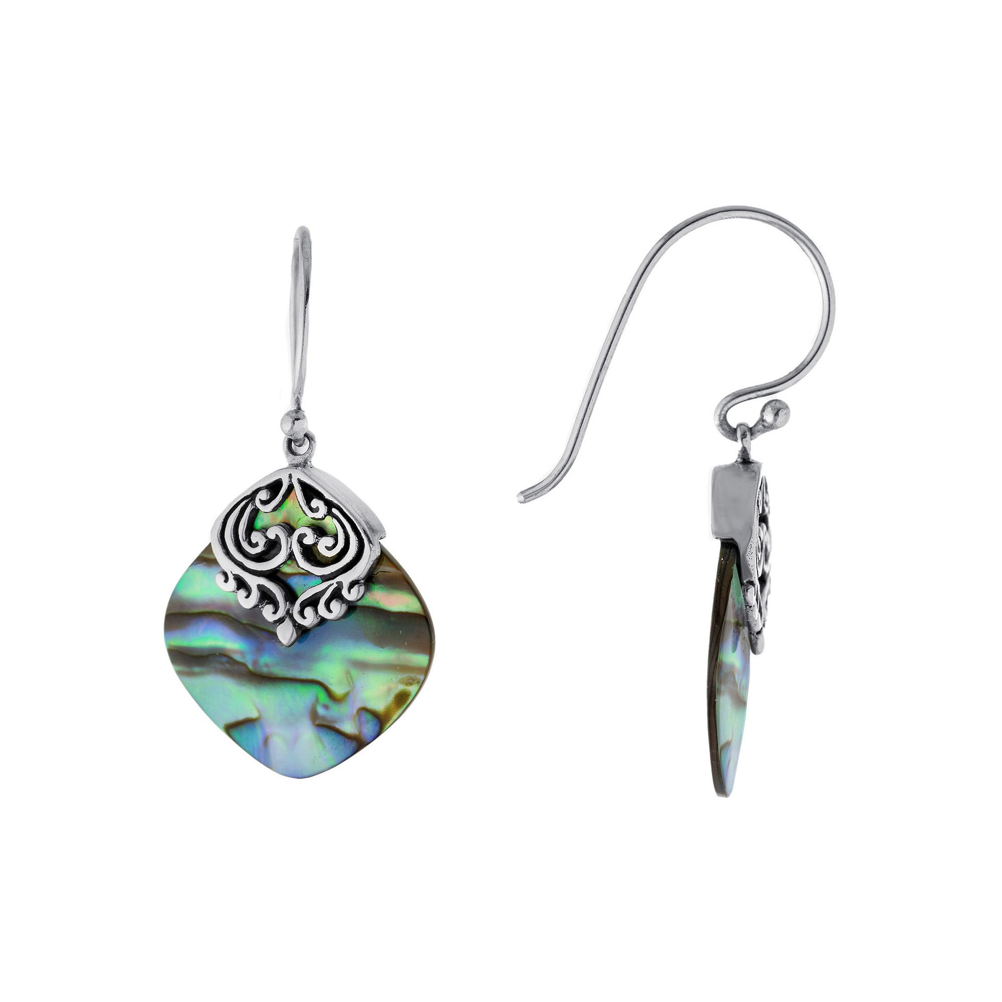 Main and Sterling Oxidized Sterling Silver Abalone Filigree Drop Earrings, 