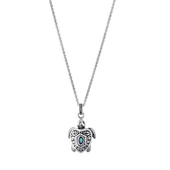 Main and Sterling Oxidized Sterling Silver Abalone Filigree Turtle Pendant Necklace