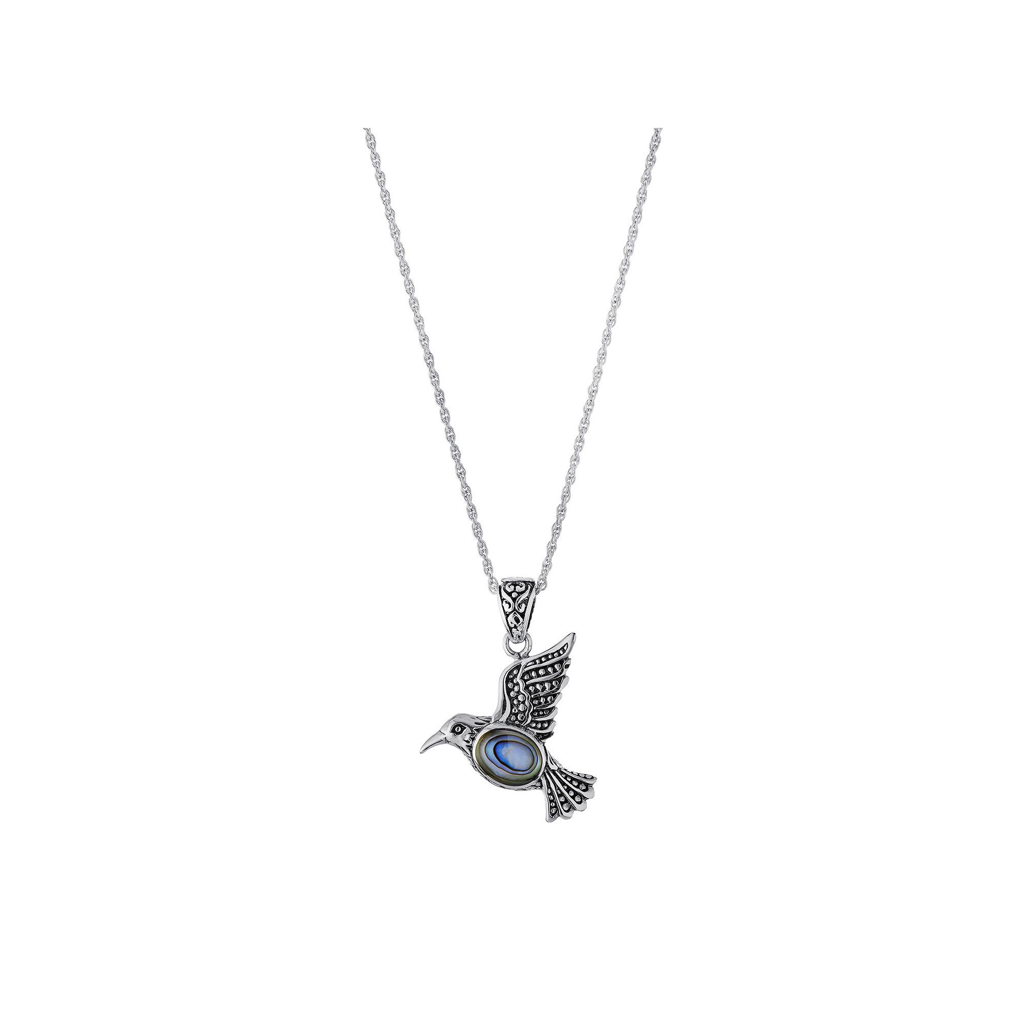 Main and Sterling Oxidized Sterling Silver Abalone Bird Pendant Necklace, 