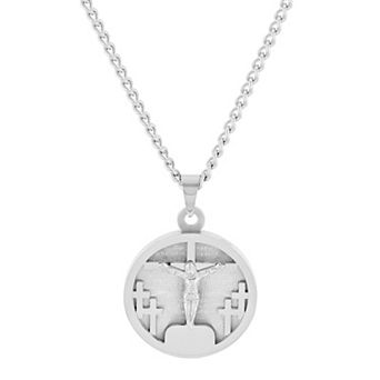Steel Nation Men's Stainless Steel Crucifix & Prayer Medallion Pendant Necklace
