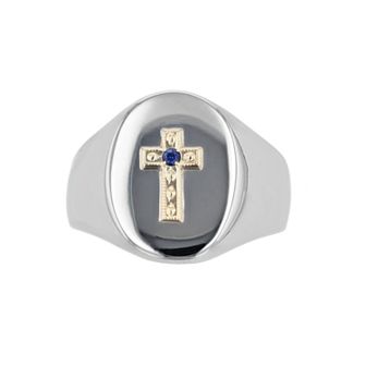 Kristen Kesho 14k Gold and Lab Created Sapphire Signet Cross on Stainless Steel Ring
