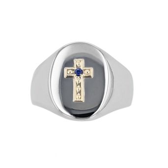 Kristen Kesho 14k Gold and Lab Created Sapphire Signet Cross on Stainless Steel Ring