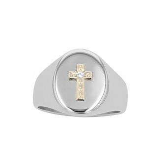 Kristen Kesho 14k Gold and Lab Created Sapphire Signet Cross on Stainless Steel Ring