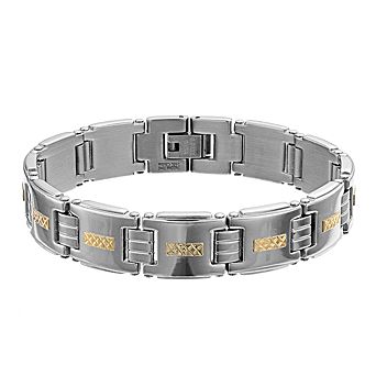 Kristen Kesho 14k Gold Diamond Cut Bars on Stainless Steel Link Bracelet