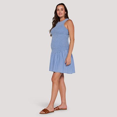 Motherhood Maternity Chambray Smocked Drop Waist Woven Dress Sleeveless in Light Blue | Women's Size XS | Lyocell | Stitch Fix