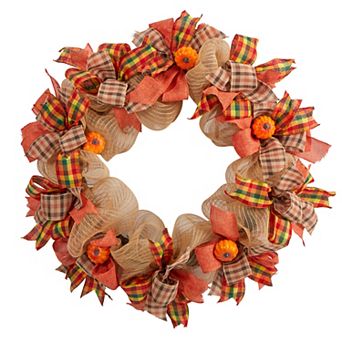 nearly natural Autumn Artificial Pumpkin Bows Fall Wreath