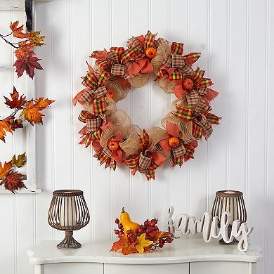 nearly natural Autumn Artificial Pumpkin Bows Fall Wreath