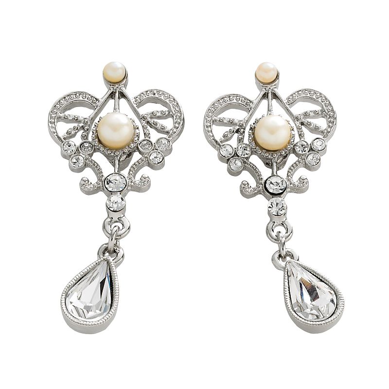 1928 Silver Tone Simulated Crystal and Simulated Pearl Drop Earrings, Women