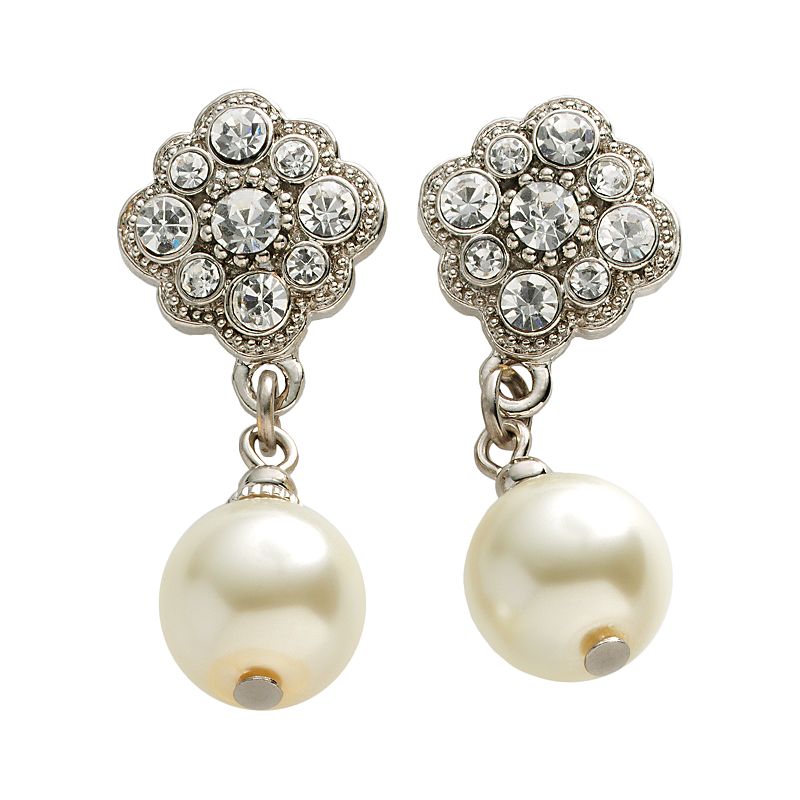 1928 Silver-Tone Simulated Crystal and Simulated Pearl Drop Earrings, Women
