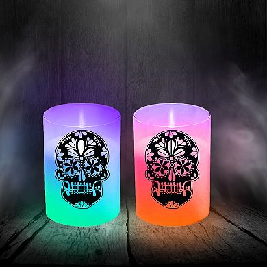 LumaBase LED Color Changing Sugar Skull Candle Jar 2-piece Set
