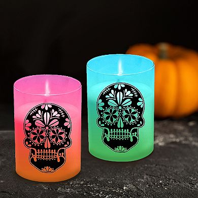 LumaBase LED Color Changing Sugar Skull Candle Jar 2-piece Set