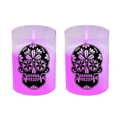LumaBase LED Color Changing Sugar Skull Candle Jar 2-piece Set