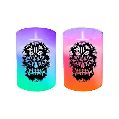 LumaBase LED Color Changing Sugar Skull Candle Jar 2-piece Set