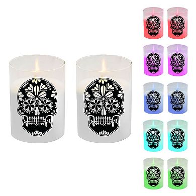 LumaBase LED Color Changing Sugar Skull Candle Jar 2-piece Set